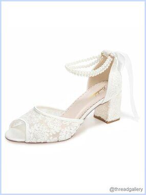 Peep Toe Wedding Shoes Block Heel Lace Pearl Ankle Strap Bridal Heels